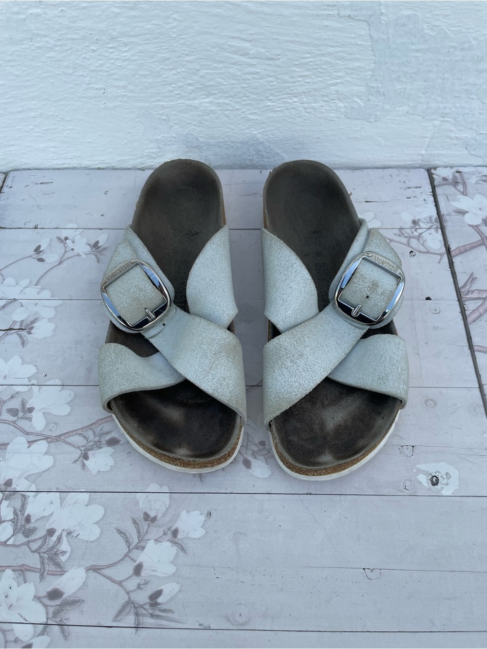 Birkenstock Crisscross Buckle Slide Sandals in Light Silver